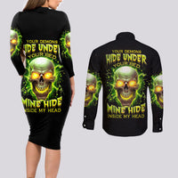 Thunder Skull Couples Matching Long Sleeve Bodycon Dress and Long Sleeve Button Shirts My Demon Hide Inside My Head - Wonder Print Shop
