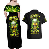 Thunder Skull Couples Matching Off Shoulder Maxi Dress and Hawaiian Shirt My Demon Hide Inside My Head - Wonder Print Shop