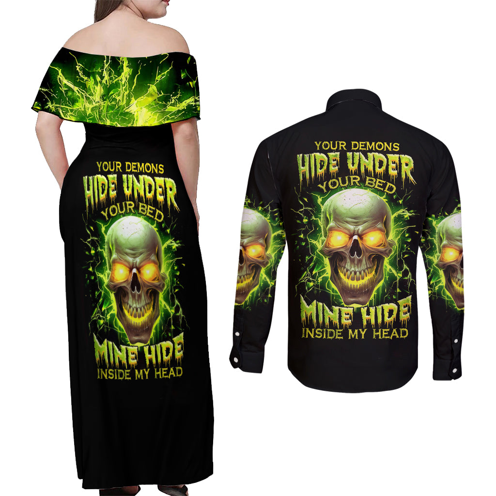 Thunder Skull Couples Matching Off Shoulder Maxi Dress and Long Sleeve Button Shirts My Demon Hide Inside My Head - Wonder Print Shop
