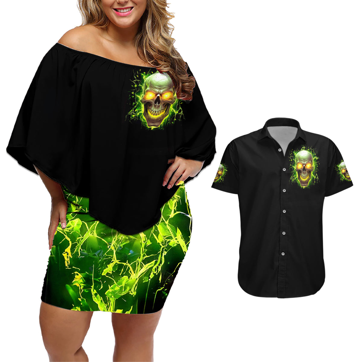 Thunder Skull Couples Matching Off Shoulder Short Dress and Hawaiian Shirt My Demon Hide Inside My Head - Wonder Print Shop