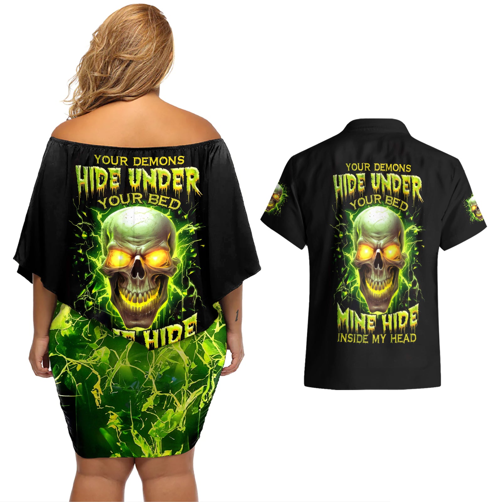 Thunder Skull Couples Matching Off Shoulder Short Dress and Hawaiian Shirt My Demon Hide Inside My Head - Wonder Print Shop