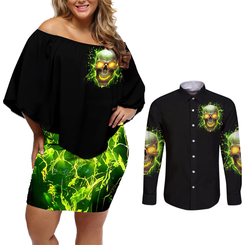 Thunder Skull Couples Matching Off Shoulder Short Dress and Long Sleeve Button Shirts My Demon Hide Inside My Head - Wonder Print Shop