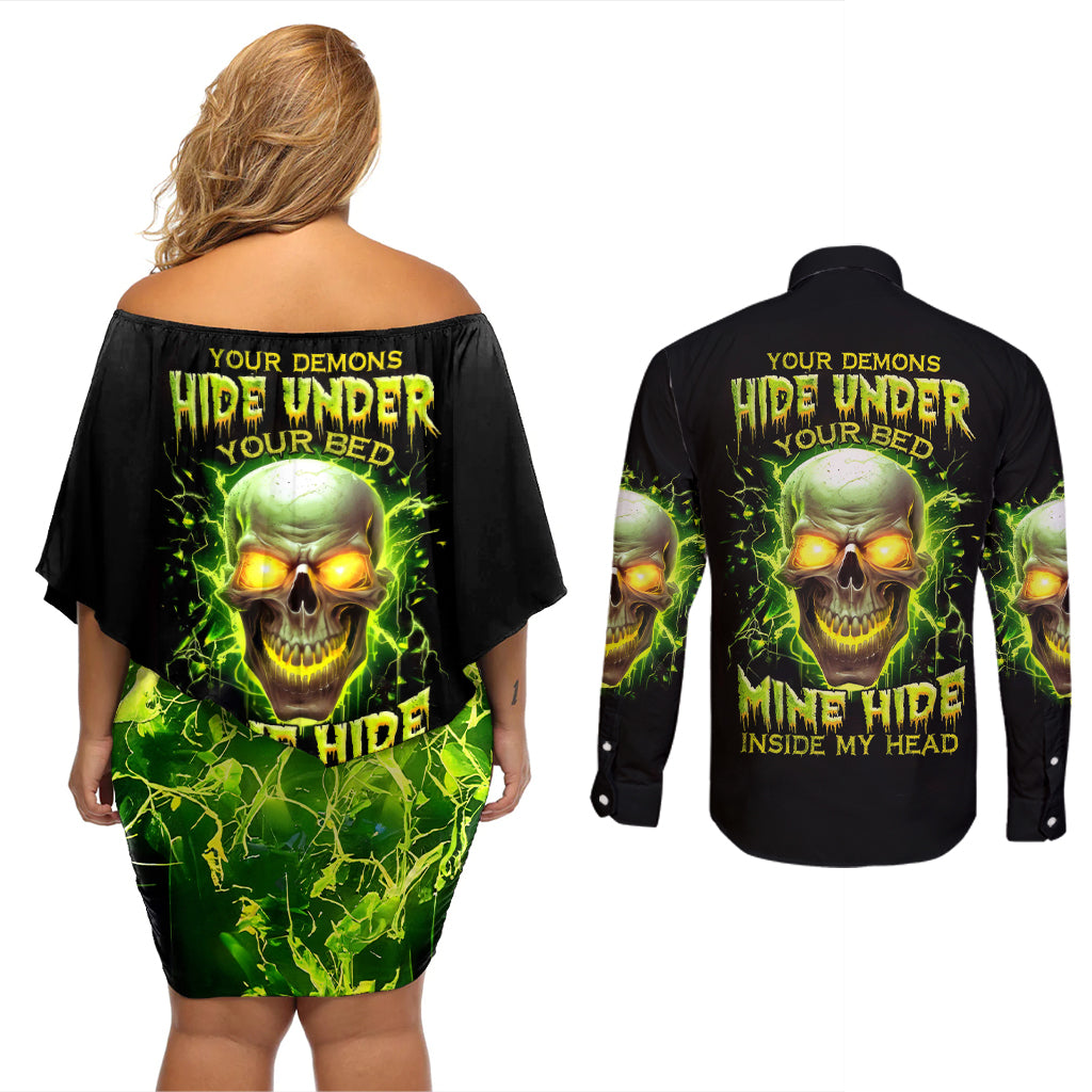 Thunder Skull Couples Matching Off Shoulder Short Dress and Long Sleeve Button Shirts My Demon Hide Inside My Head - Wonder Print Shop