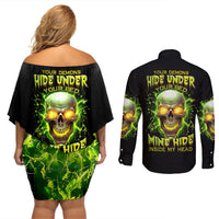 Thunder Skull Couples Matching Off Shoulder Short Dress and Long Sleeve Button Shirts My Demon Hide Inside My Head - Wonder Print Shop
