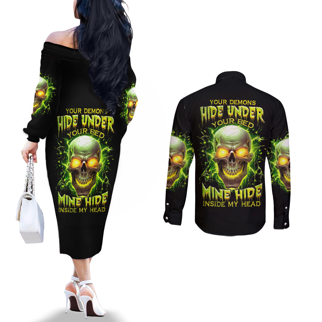 Thunder Skull Couples Matching Off The Shoulder Long Sleeve Dress and Long Sleeve Button Shirts My Demon Hide Inside My Head DT01