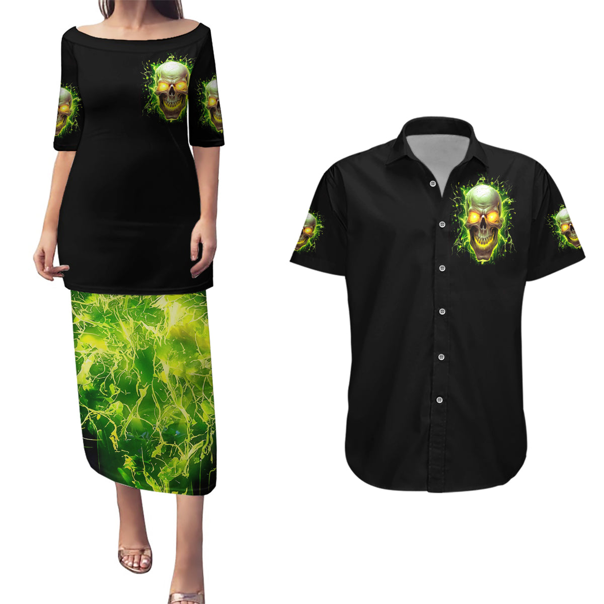 Thunder Skull Couples Matching Puletasi Dress and Hawaiian Shirt My Demon Hide Inside My Head - Wonder Print Shop