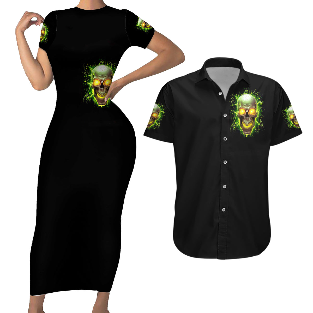 Thunder Skull Couples Matching Short Sleeve Bodycon Dress and Hawaiian Shirt My Demon Hide Inside My Head - Wonder Print Shop