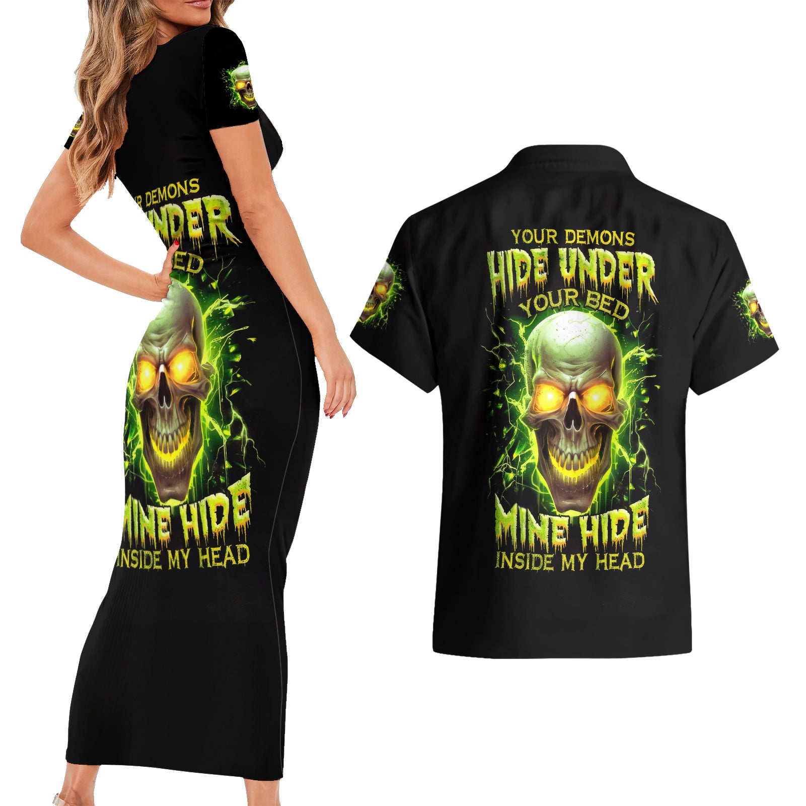 Thunder Skull Couples Matching Short Sleeve Bodycon Dress and Hawaiian Shirt My Demon Hide Inside My Head - Wonder Print Shop