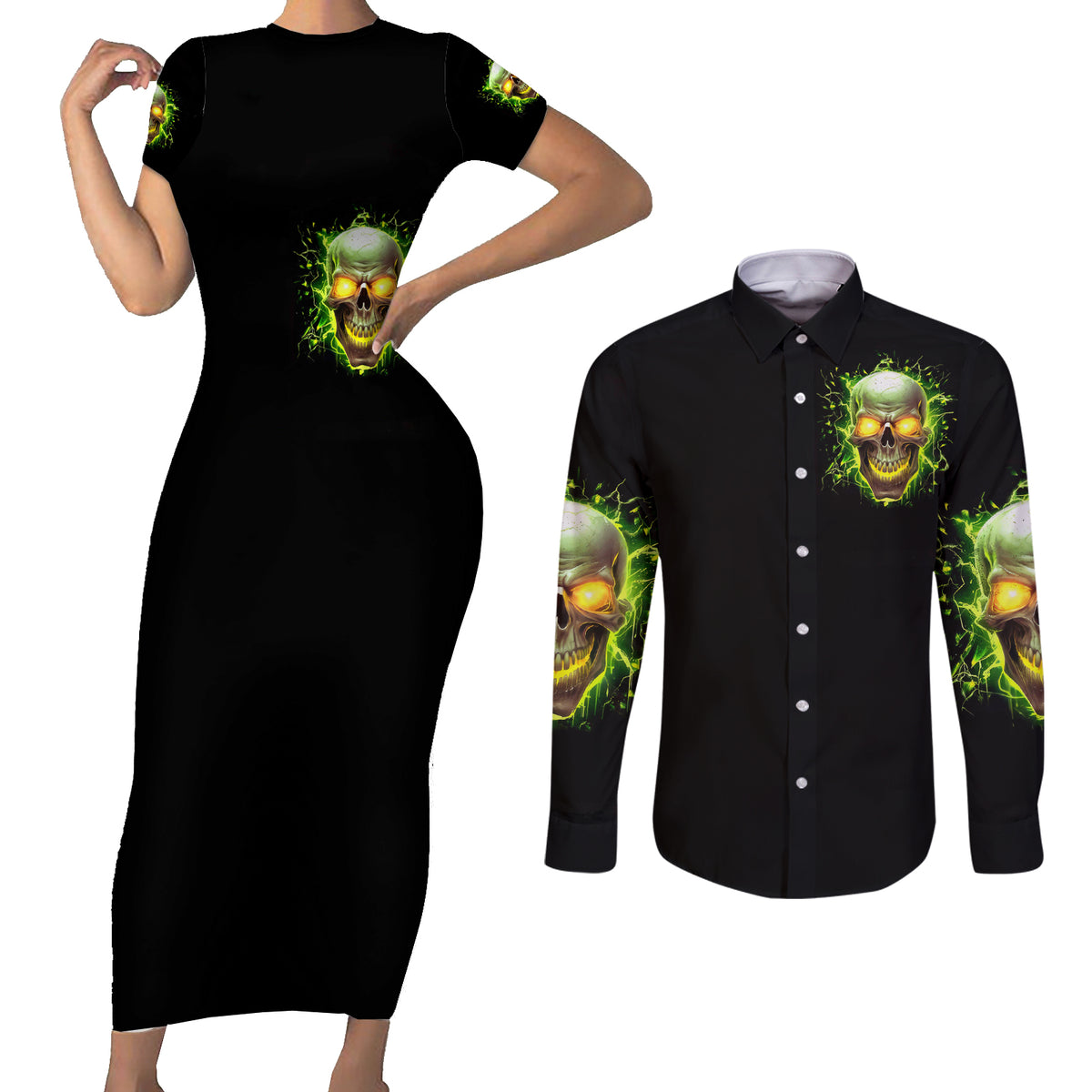 Thunder Skull Couples Matching Short Sleeve Bodycon Dress and Long Sleeve Button Shirts My Demon Hide Inside My Head - Wonder Print Shop
