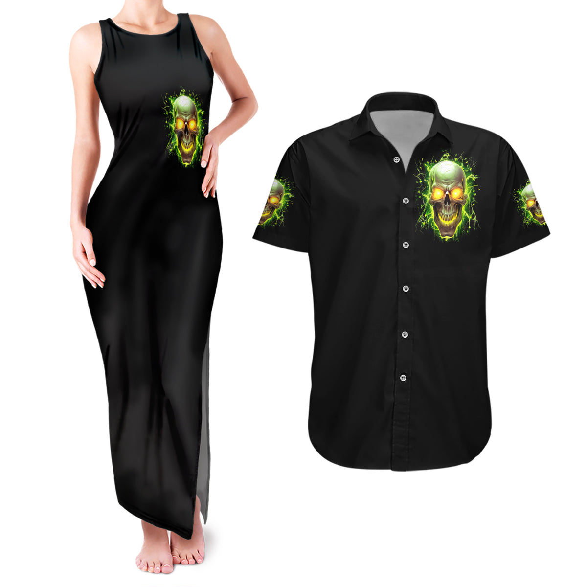 Thunder Skull Couples Matching Tank Maxi Dress and Hawaiian Shirt My Demon Hide Inside My Head - Wonder Print Shop