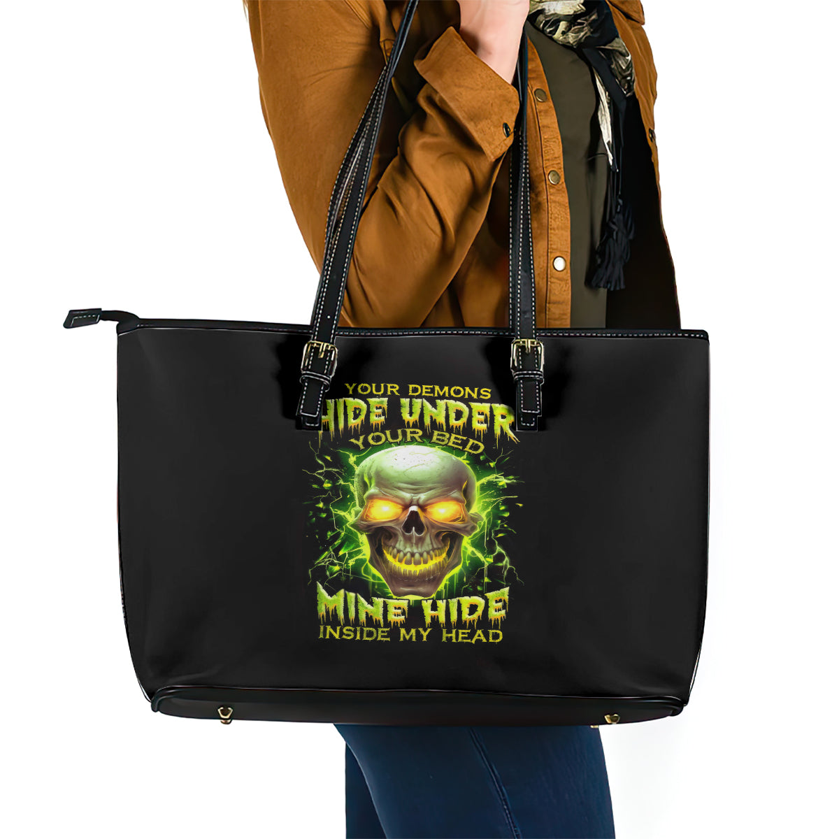 Thunder Skull Leather Tote Bag My Demon Hide Inside My Head - Wonder Print Shop
