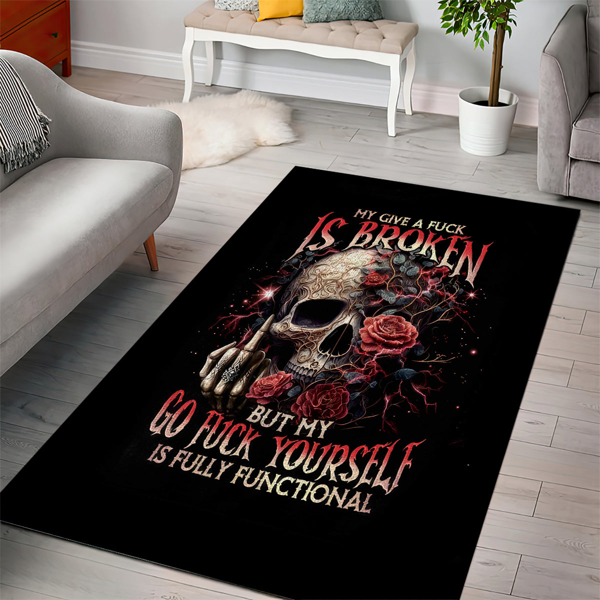 Rose Skull Area Rug My Give A Fuck Is Broken But My Go Fuck Yourself Is Functional - Wonder Print Shop