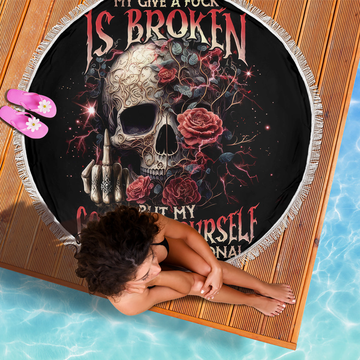 Rose Skull Beach Blanket My Give A Fuck Is Broken But My Go Fuck Yourself Is Functional - Wonder Print Shop