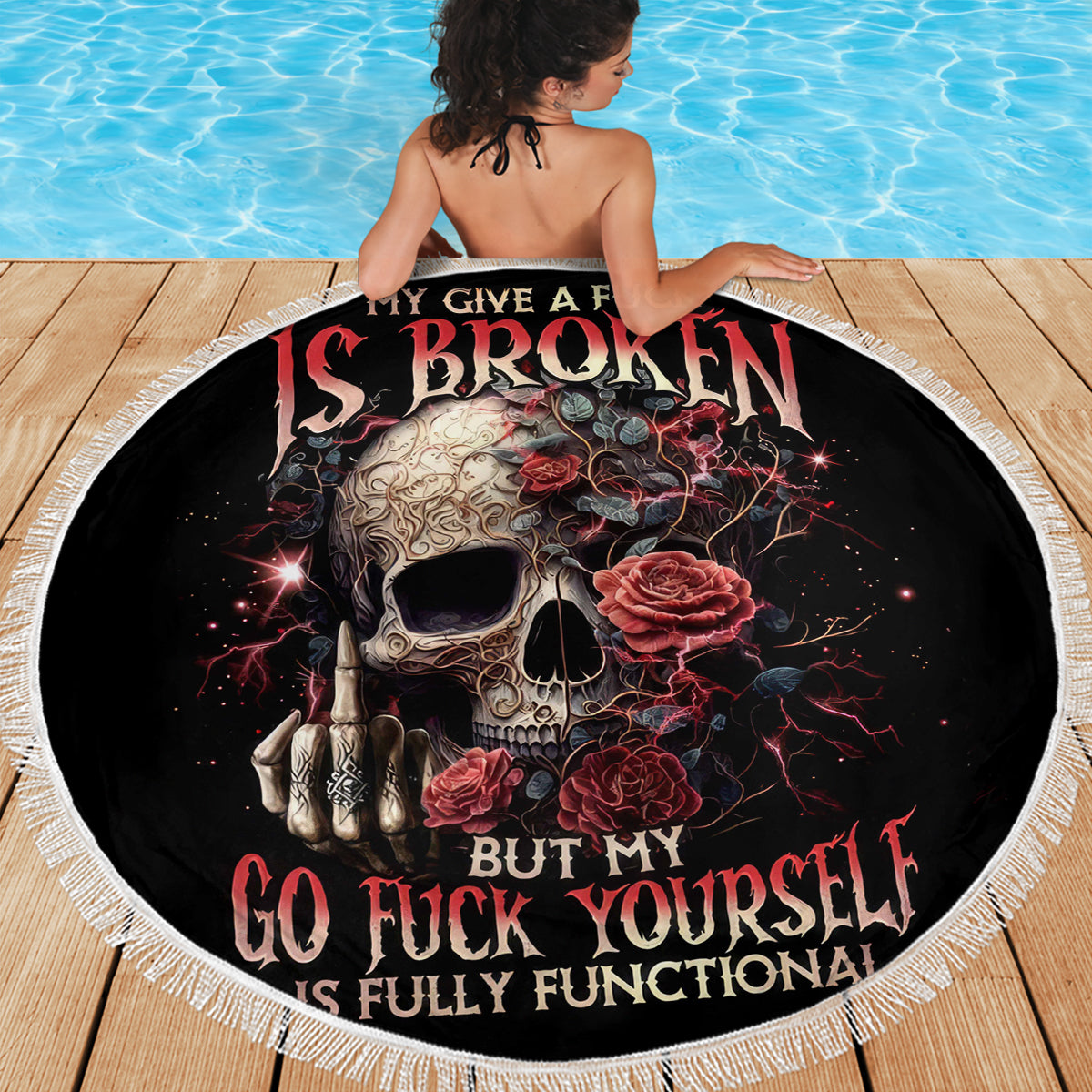 Rose Skull Beach Blanket My Give A Fuck Is Broken But My Go Fuck Yourself Is Functional - Wonder Print Shop