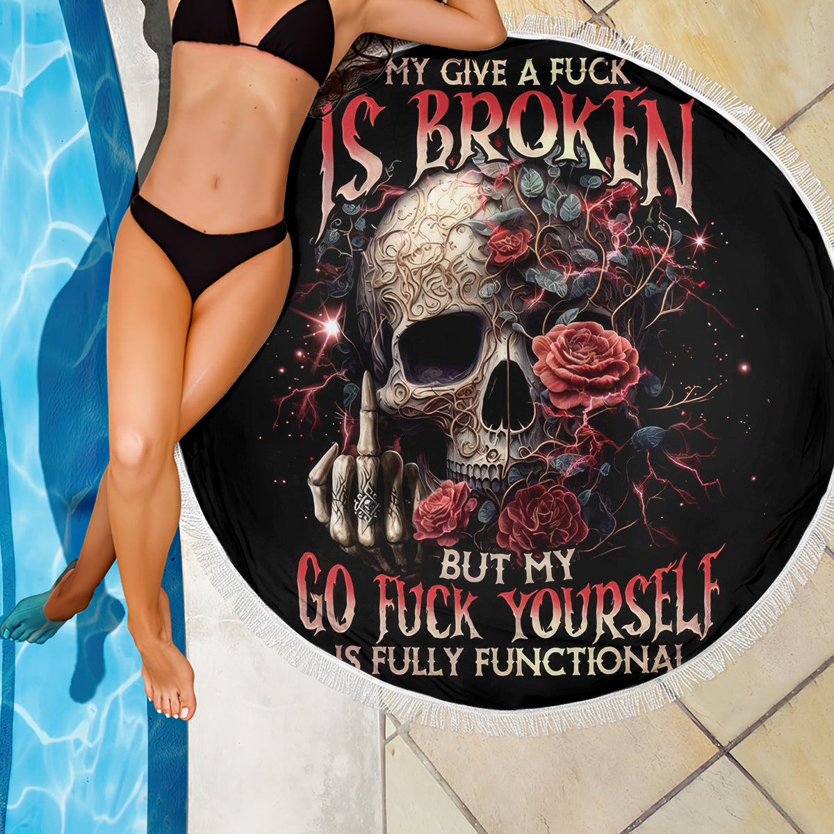 Rose Skull Beach Blanket My Give A Fuck Is Broken But My Go Fuck Yourself Is Functional - Wonder Print Shop