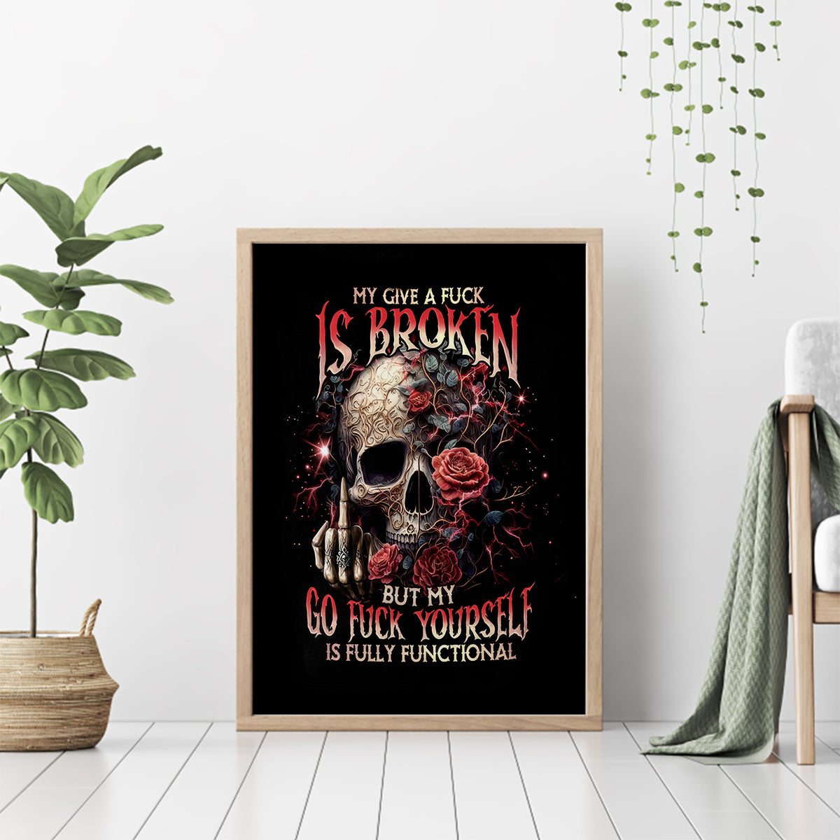 Rose Skull Canvas Wall Art My Give A Fuck Is Broken But My Go Fuck Yourself Is Functional - Wonder Print Shop