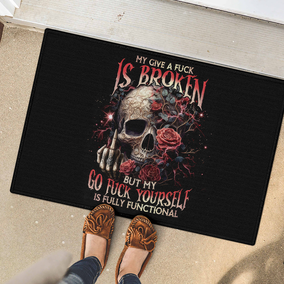 Rose Skull Rubber Doormat My Give A Fuck Is Broken But My Go Fuck Yourself Is Functional - Wonder Print Shop