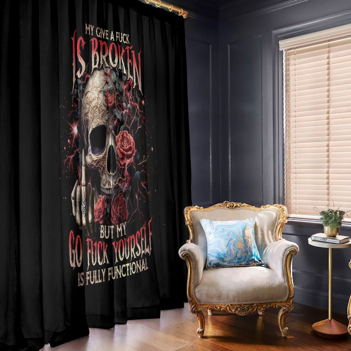Rose Skull Window Curtain My Give A Fuck Is Broken But My Go Fuck Yourself Is Functional - Wonder Print Shop