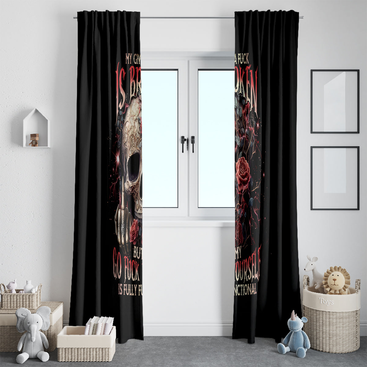 Rose Skull Window Curtain My Give A Fuck Is Broken But My Go Fuck Yourself Is Functional - Wonder Print Shop