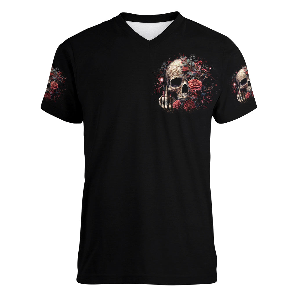 Zombie Skull Women V Neck T Shirt I Never Alone My Demon With Me 24/7 - Wonder Print Shop