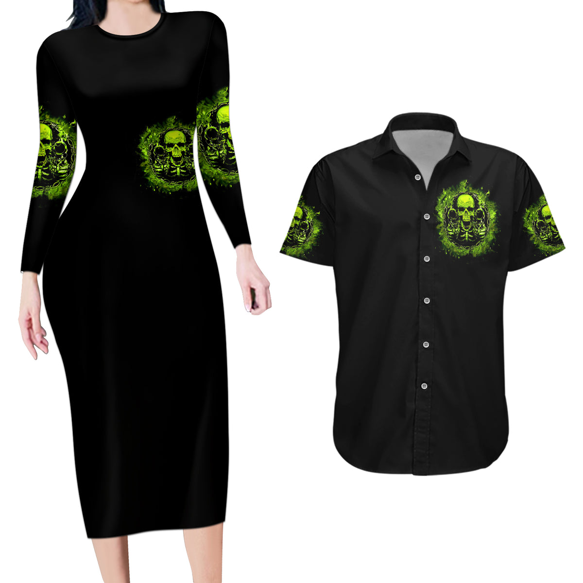 Gun Skull Couples Matching Long Sleeve Bodycon Dress and Hawaiian Shirt When You Come For My Gun Expect An Appropriate Response - Wonder Print Shop