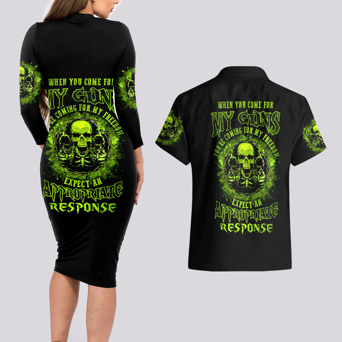 Gun Skull Couples Matching Long Sleeve Bodycon Dress and Hawaiian Shirt When You Come For My Gun Expect An Appropriate Response - Wonder Print Shop