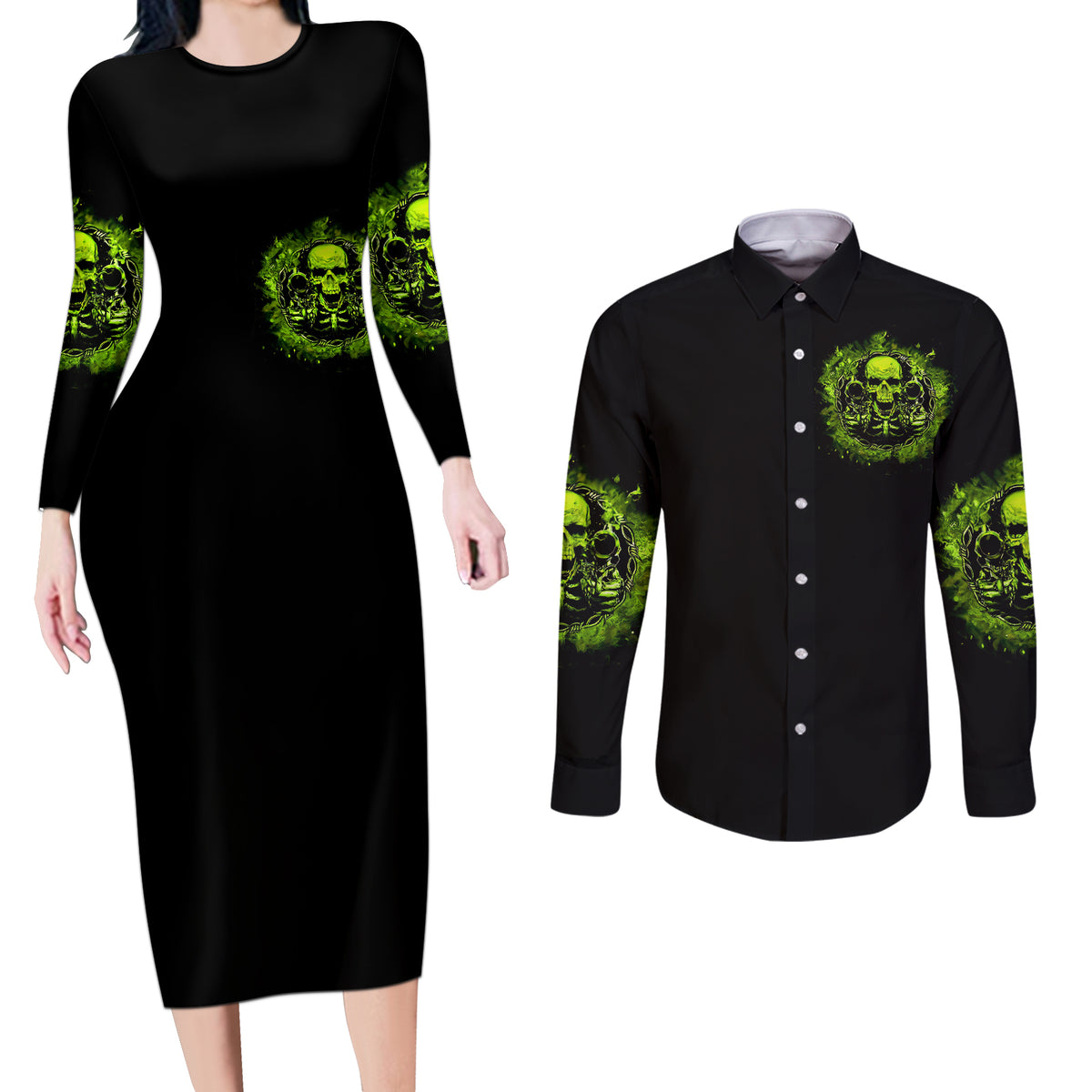 Gun Skull Couples Matching Long Sleeve Bodycon Dress and Long Sleeve Button Shirts When You Come For My Gun Expect An Appropriate Response - Wonder Print Shop