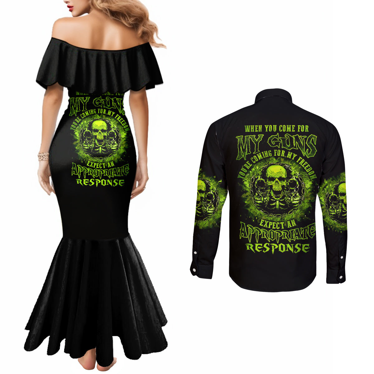 gun-skull-couples-matching-mermaid-dress-and-long-sleeve-button-shirts-when-you-come-for-my-gun-expect-an-appropriate-response
