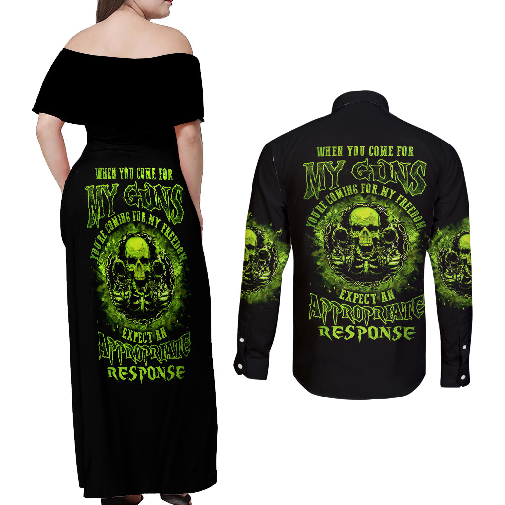 Gun Skull Couples Matching Off Shoulder Maxi Dress and Long Sleeve Button Shirts When You Come For My Gun Expect An Appropriate Response - Wonder Print Shop