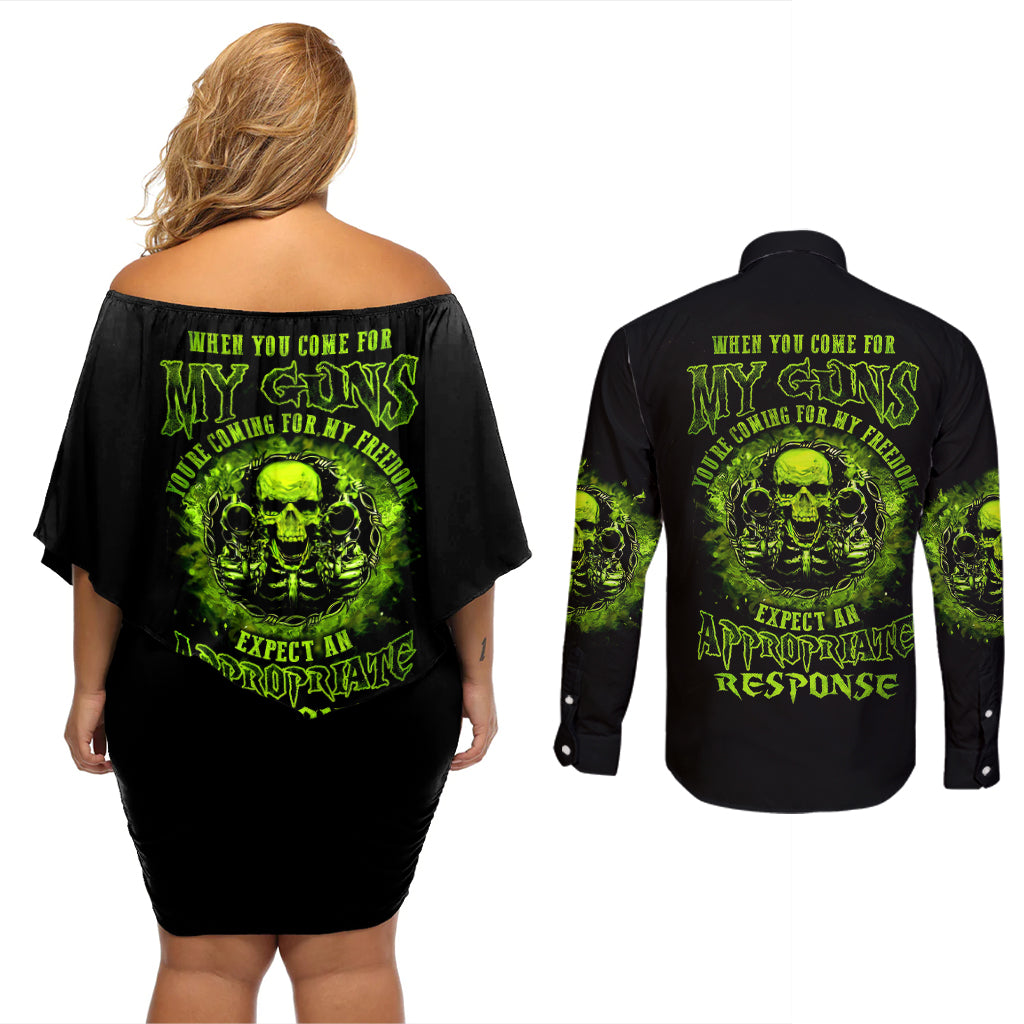 Gun Skull Couples Matching Off Shoulder Short Dress and Long Sleeve Button Shirts When You Come For My Gun Expect An Appropriate Response - Wonder Print Shop