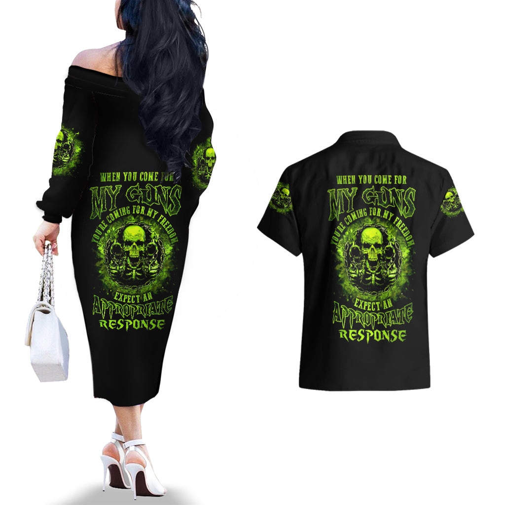 Gun Skull Couples Matching Off The Shoulder Long Sleeve Dress and Hawaiian Shirt When You Come For My Gun Expect An Appropriate Response - Wonder Print Shop