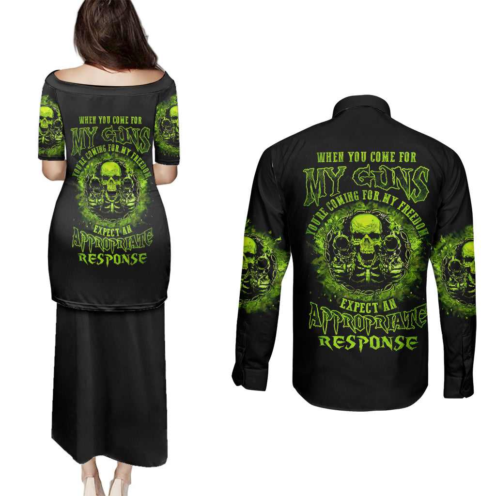 Gun Skull Couples Matching Puletasi Dress and Long Sleeve Button Shirts When You Come For My Gun Expect An Appropriate Response - Wonder Print Shop