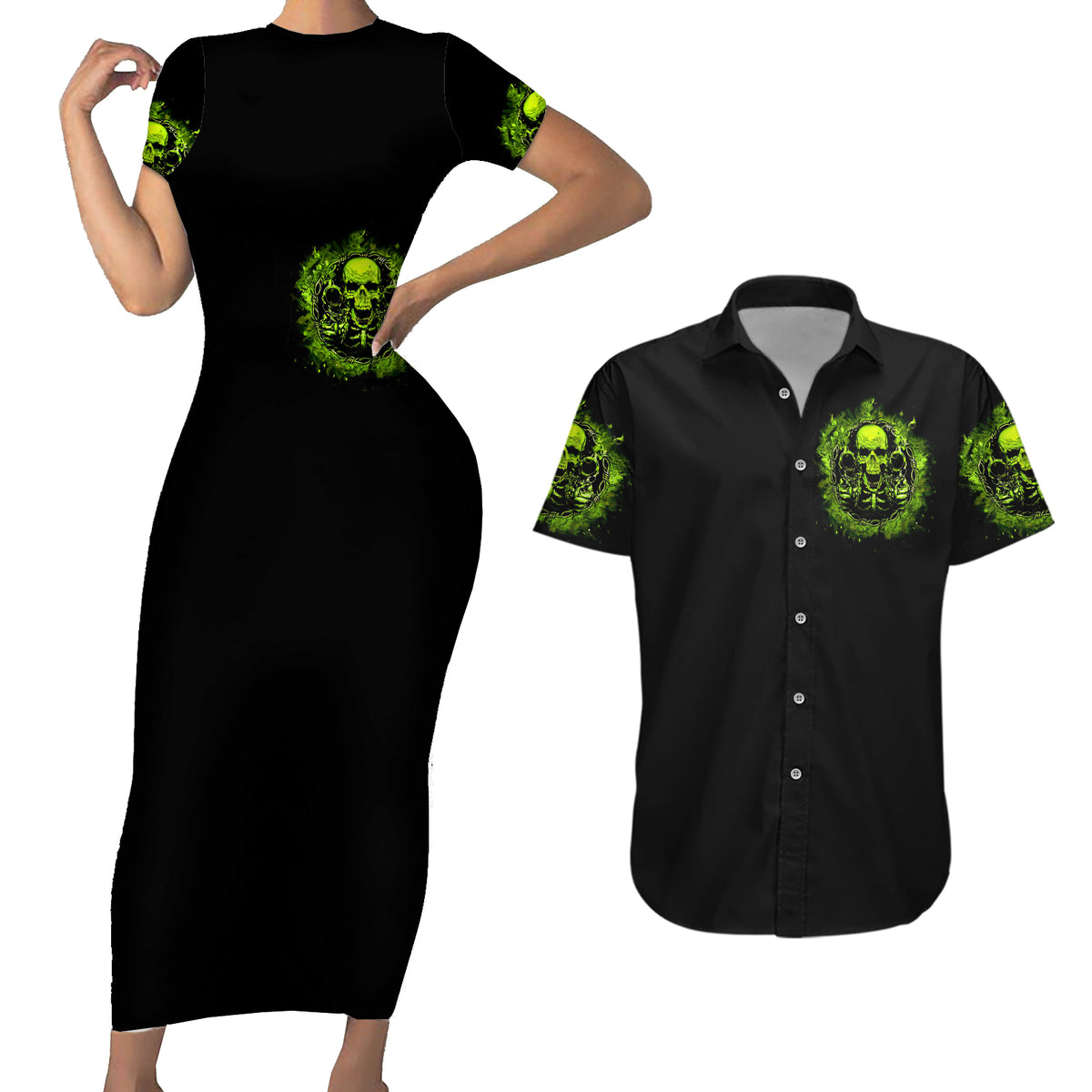 Gun Skull Couples Matching Short Sleeve Bodycon Dress and Hawaiian Shirt When You Come For My Gun Expect An Appropriate Response - Wonder Print Shop