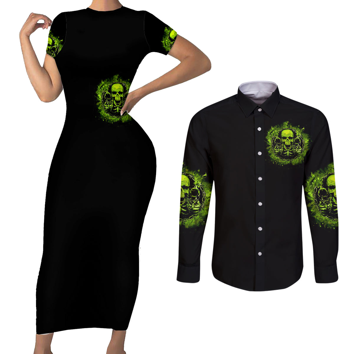 Gun Skull Couples Matching Short Sleeve Bodycon Dress and Long Sleeve Button Shirts When You Come For My Gun Expect An Appropriate Response - Wonder Print Shop