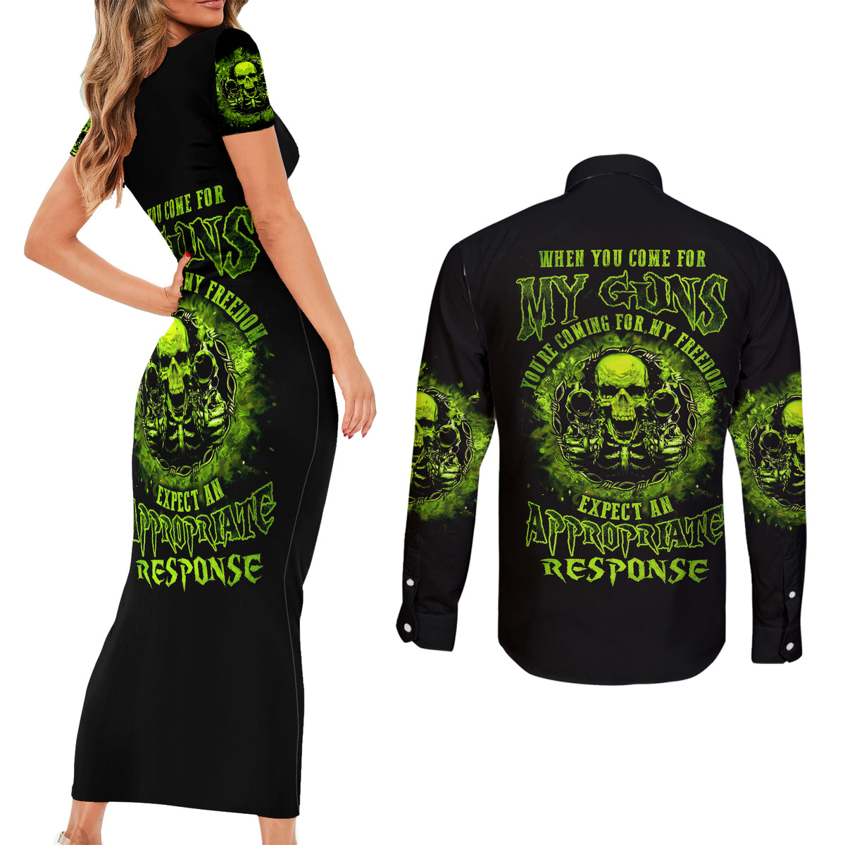 Gun Skull Couples Matching Short Sleeve Bodycon Dress and Long Sleeve Button Shirts When You Come For My Gun Expect An Appropriate Response - Wonder Print Shop