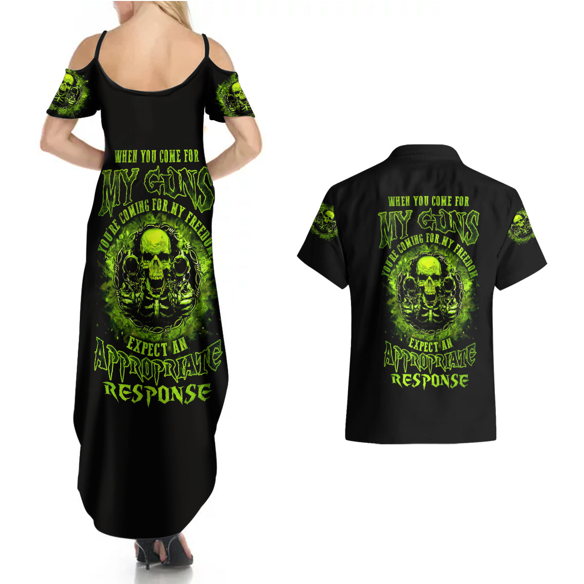 Gun Skull Couples Matching Summer Maxi Dress and Hawaiian Shirt When You Come For My Gun Expect An Appropriate Response - Wonder Print Shop