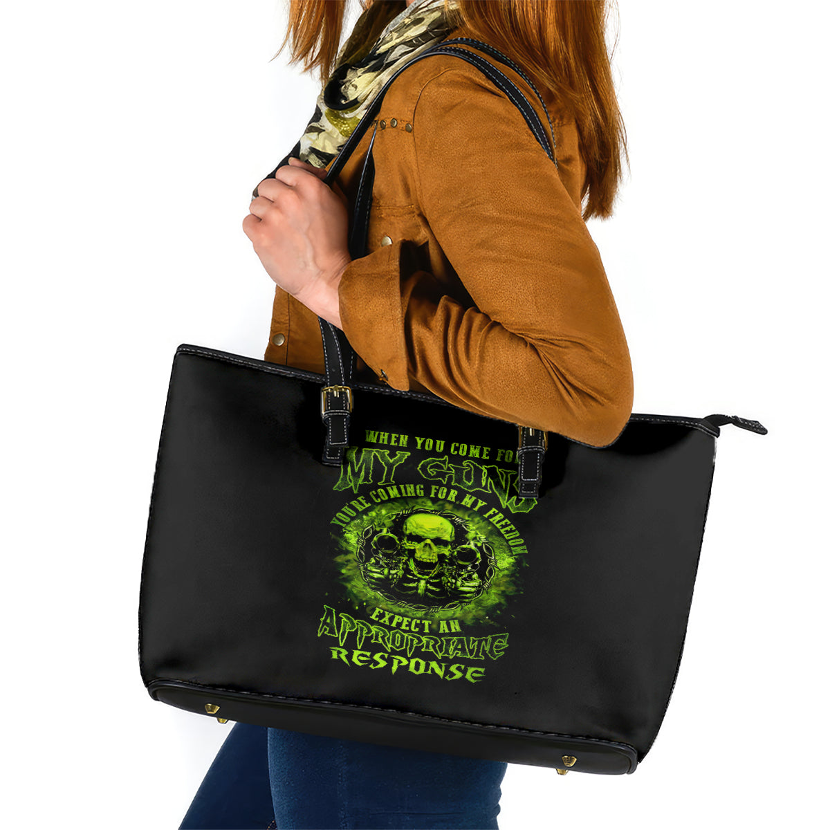 Gun Skull Leather Tote Bag When You Come For My Gun Expect An Appropriate Response - Wonder Print Shop