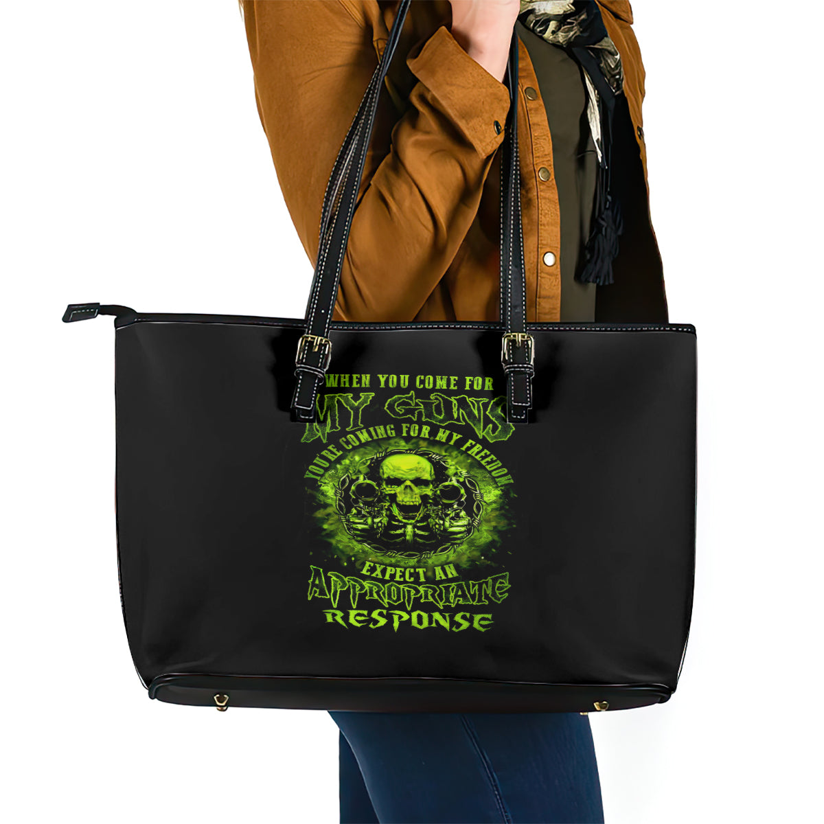 Gun Skull Leather Tote Bag When You Come For My Gun Expect An Appropriate Response - Wonder Print Shop