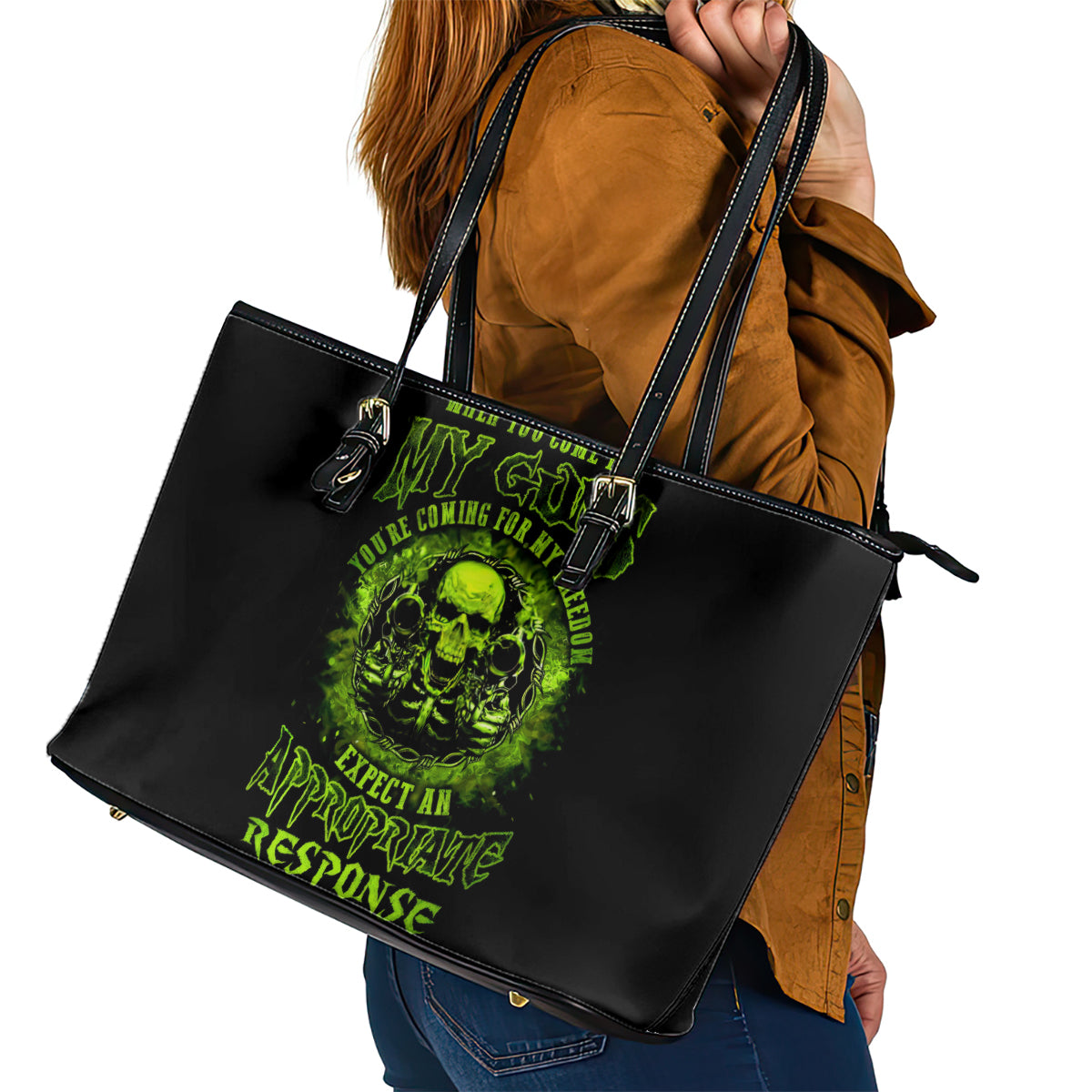 Gun Skull Leather Tote Bag When You Come For My Gun Expect An Appropriate Response - Wonder Print Shop