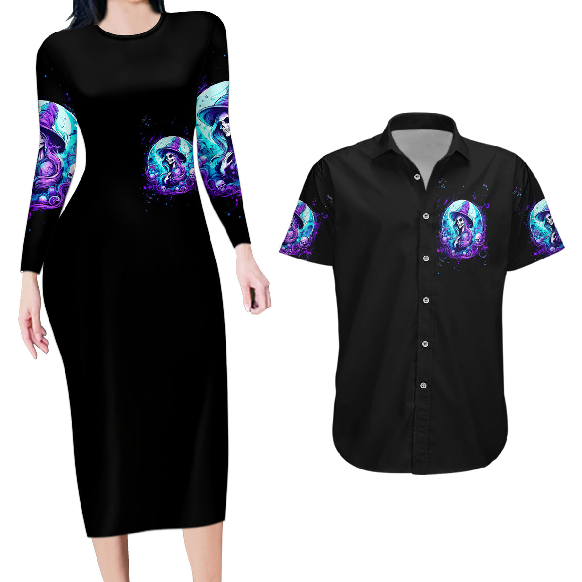 Witch Skull Couples Matching Long Sleeve Bodycon Dress and Hawaiian Shirt My Mother Didn't Raise A Princess She Trained A Witch - Wonder Print Shop