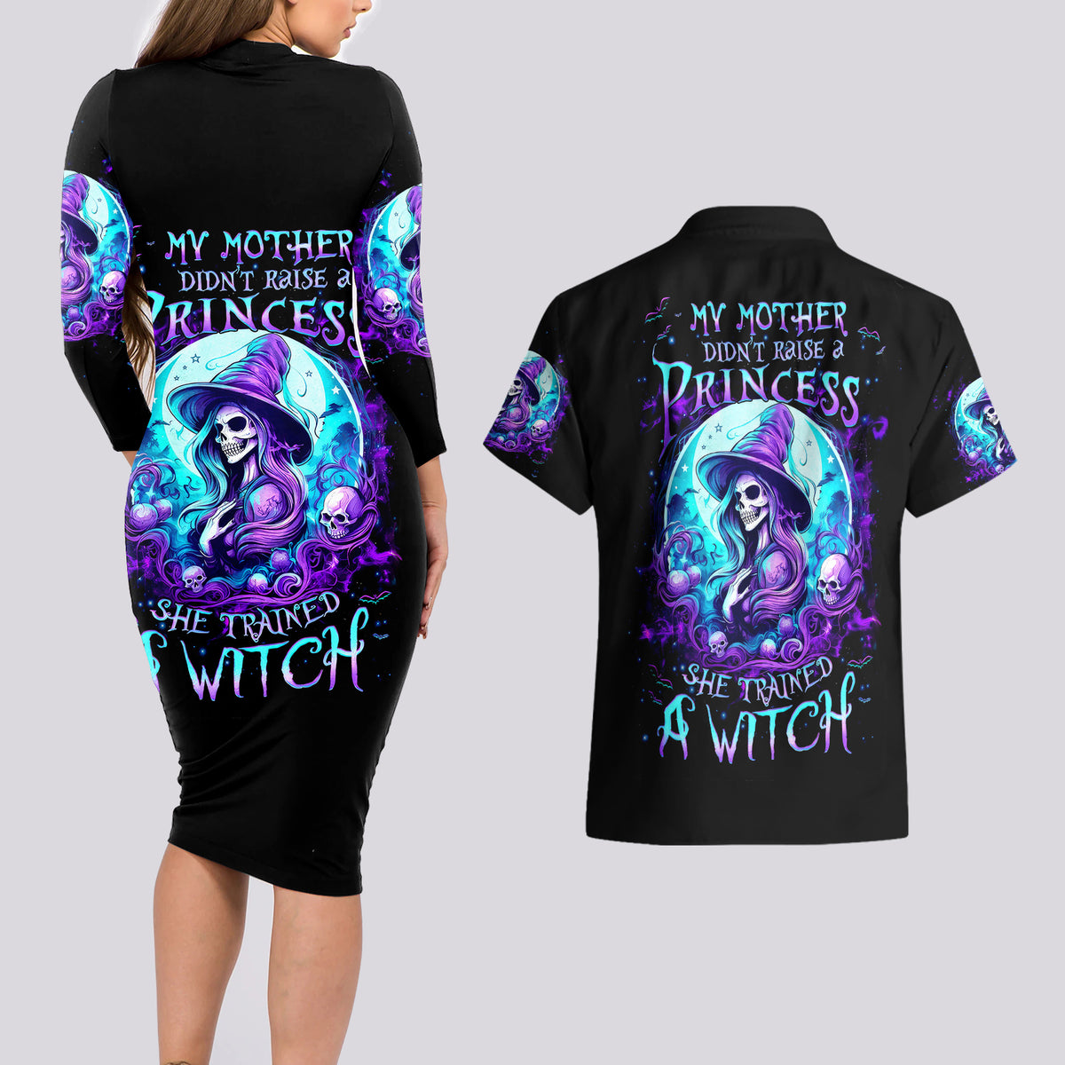 Witch Skull Couples Matching Long Sleeve Bodycon Dress and Hawaiian Shirt My Mother Didn't Raise A Princess She Trained A Witch - Wonder Print Shop