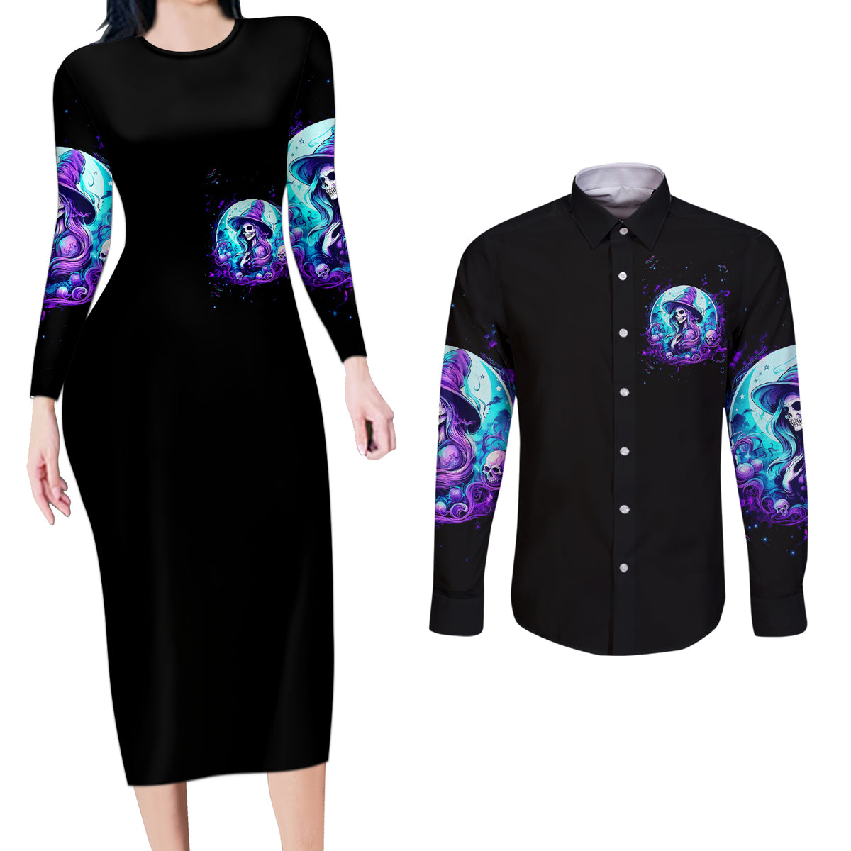 Witch Skull Couples Matching Long Sleeve Bodycon Dress and Long Sleeve Button Shirts My Mother Didn't Raise A Princess She Trained A Witch - Wonder Print Shop