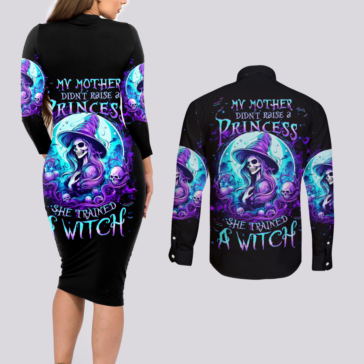 Witch Skull Couples Matching Long Sleeve Bodycon Dress and Long Sleeve Button Shirts My Mother Didn't Raise A Princess She Trained A Witch - Wonder Print Shop