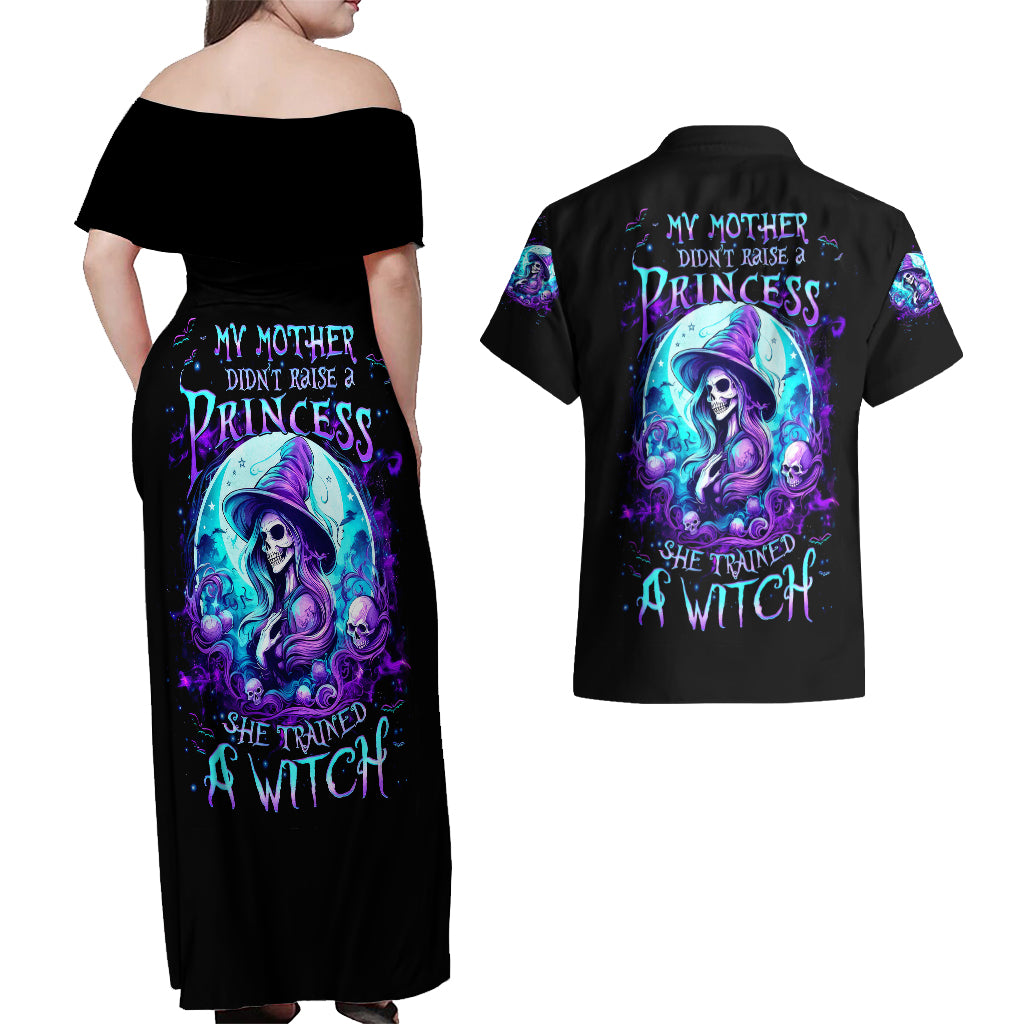 Witch Skull Couples Matching Off Shoulder Maxi Dress and Hawaiian Shirt My Mother Didn't Raise A Princess She Trained A Witch - Wonder Print Shop