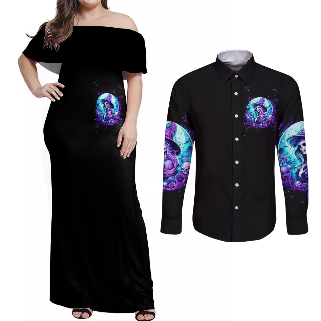 Witch Skull Couples Matching Off Shoulder Maxi Dress and Long Sleeve Button Shirts My Mother Didn't Raise A Princess She Trained A Witch - Wonder Print Shop
