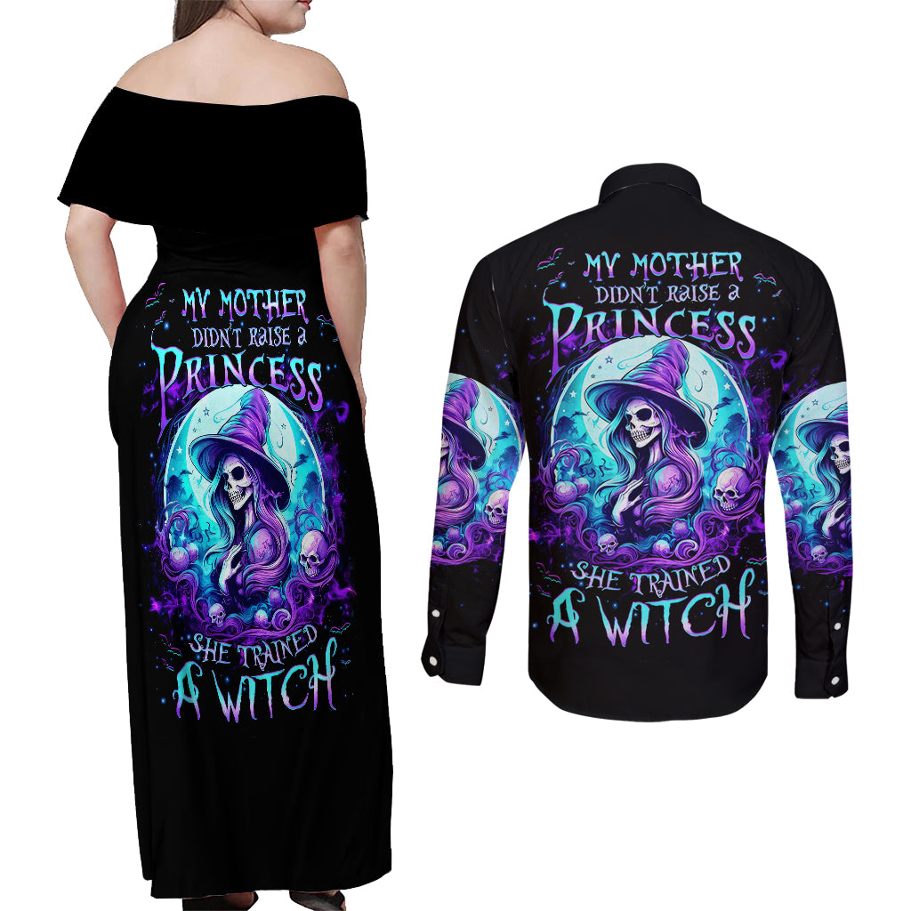 Witch Skull Couples Matching Off Shoulder Maxi Dress and Long Sleeve Button Shirts My Mother Didn't Raise A Princess She Trained A Witch - Wonder Print Shop