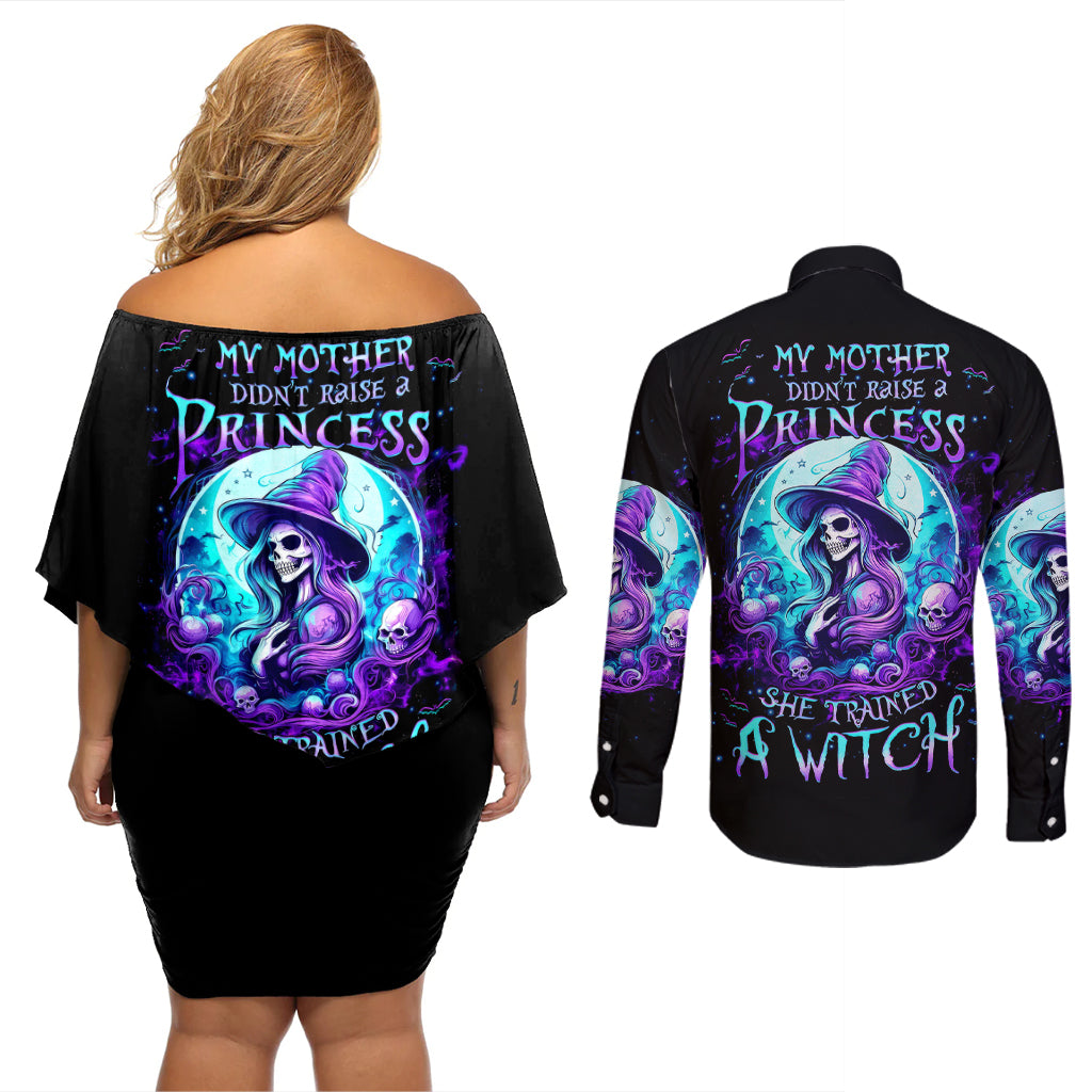 Witch Skull Couples Matching Off Shoulder Short Dress and Long Sleeve Button Shirts My Mother Didn't Raise A Princess She Trained A Witch - Wonder Print Shop