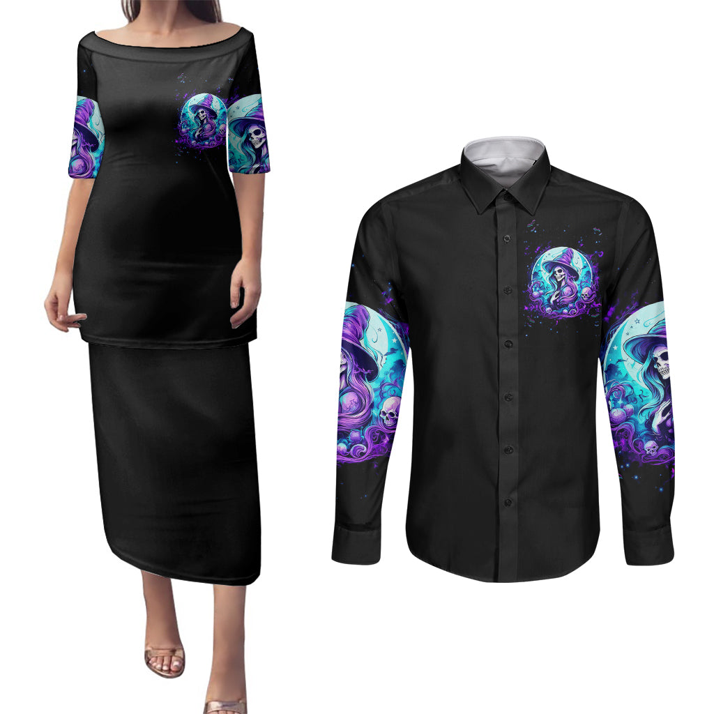 Witch Skull Couples Matching Puletasi Dress and Long Sleeve Button Shirts My Mother Didn't Raise A Princess She Trained A Witch - Wonder Print Shop