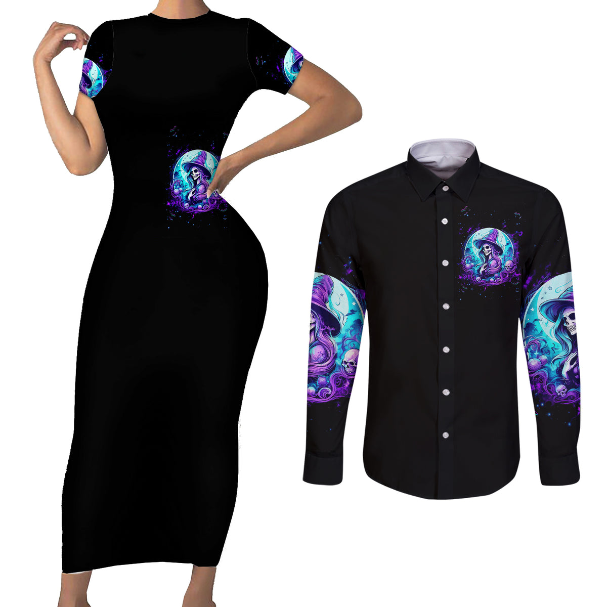 Witch Skull Couples Matching Short Sleeve Bodycon Dress and Long Sleeve Button Shirts My Mother Didn't Raise A Princess She Trained A Witch - Wonder Print Shop