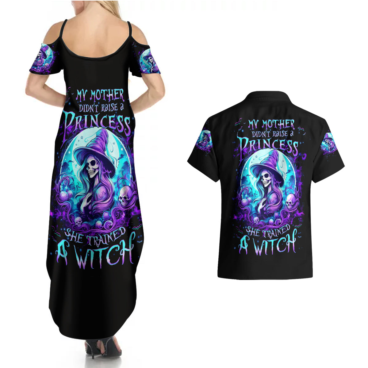 Witch Skull Couples Matching Summer Maxi Dress and Hawaiian Shirt My Mother Didn't Raise A Princess She Trained A Witch - Wonder Print Shop